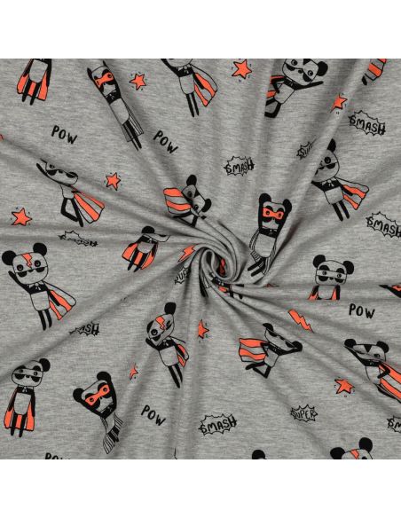 Tecido jersey mesclado - Super-heróis laranja fundo cinza