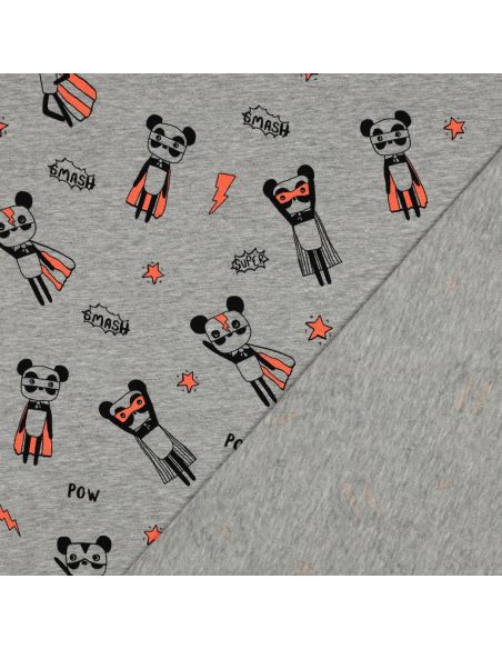 Tecido jersey mesclado - Super-heróis laranja fundo cinza