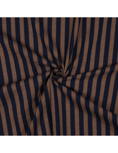 Tecido popelina de algodão - Listras largas - Marrom e azul-marinho