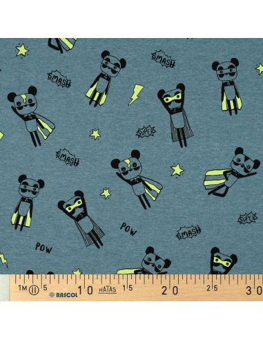 Tecido jersey mesclado - Super-heróis amarelos em fundo azul