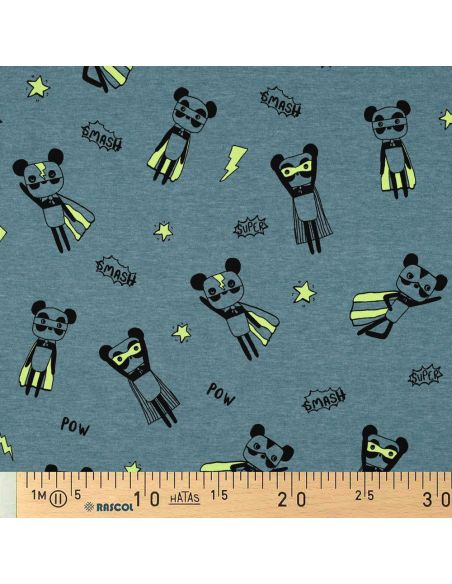 Tecido jersey mesclado - Super-heróis amarelos em fundo azul