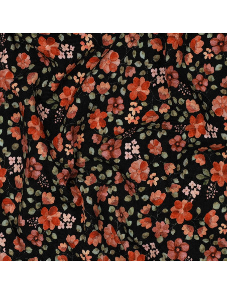 Tecido jersey Anna - Flores de pêssego sobre fundo preto