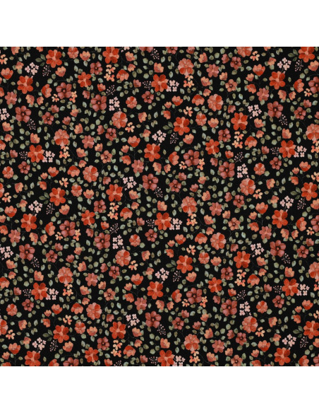 Tecido jersey Anna - Flores de pêssego sobre fundo preto