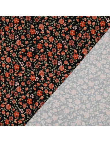 Tecido jersey Anna - Flores de pêssego sobre fundo preto