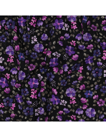 Tecido jersey Anna - Flores violetas em fundo azul-marinho