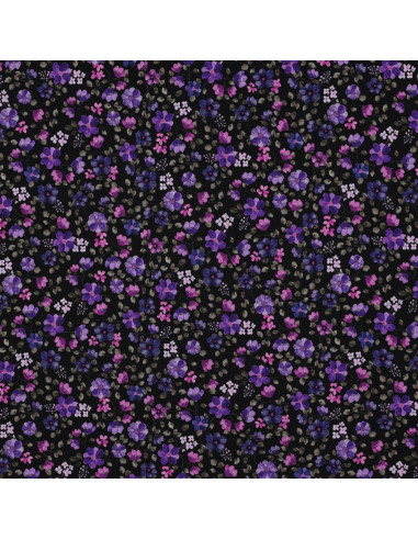 Tecido jersey Anna - Flores violetas em fundo azul-marinho