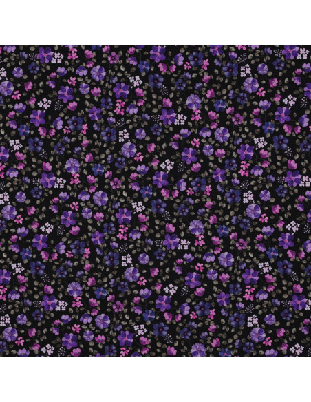 Tecido jersey Anna - Flores violetas em fundo azul-marinho
