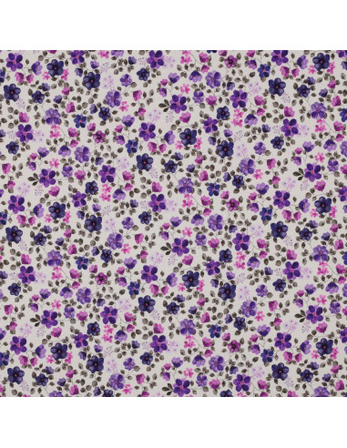 Tecido jersey Anna - Flores violetas em fundo branco sujo