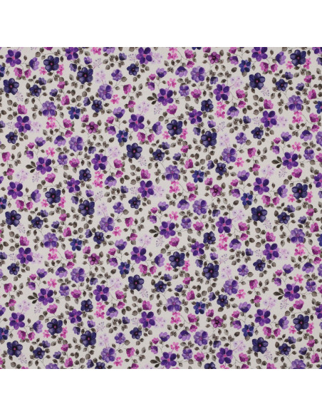 Tecido jersey Anna - Flores violetas em fundo branco sujo