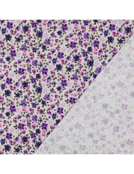 Tecido jersey Anna - Flores violetas em fundo branco sujo
