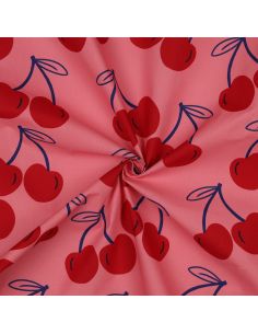 Tecido de algodão repelente de água com cerejas grandes - Rosa