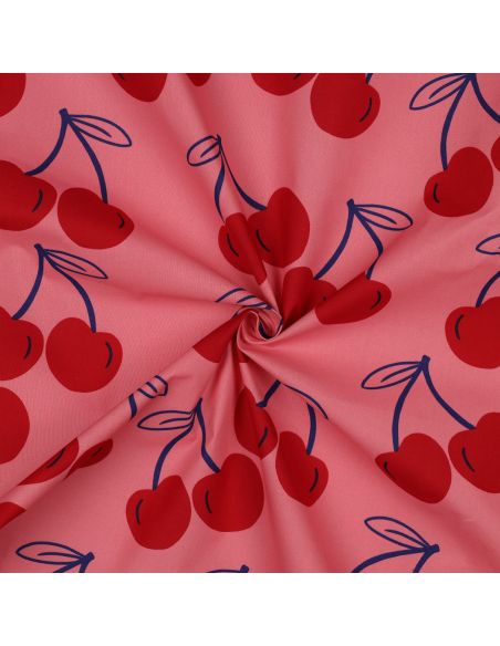 Tecido de algodão repelente de água com cerejas grandes - Rosa