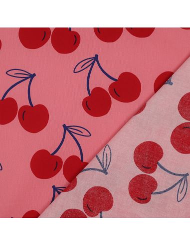 Tecido de algodão repelente de água com cerejas grandes - Rosa