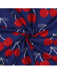 Tecido de algodão repelente de água com cerejas grandes - Azul
