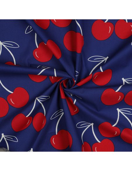 Tecido de algodão repelente de água com cerejas grandes - Azul