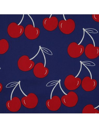 Tecido de algodão repelente de água com cerejas grandes - Azul