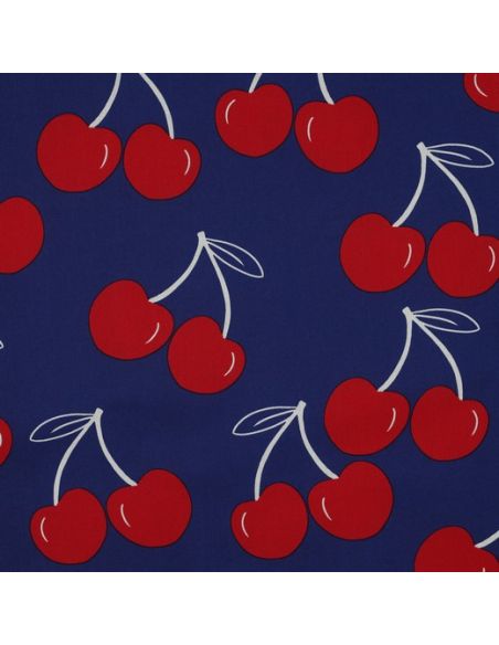 Tecido de algodão repelente de água com cerejas grandes - Azul