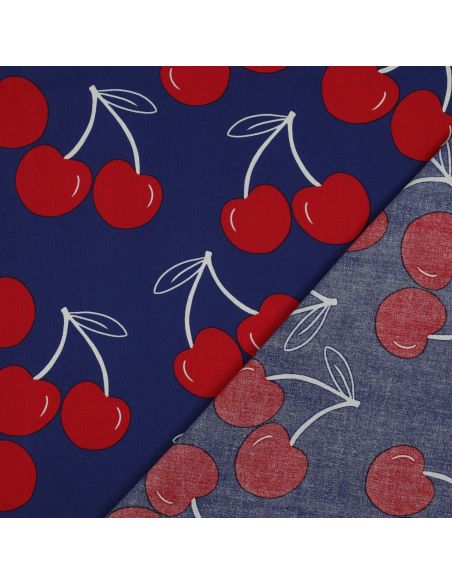 Tecido de algodão repelente de água com cerejas grandes - Azul