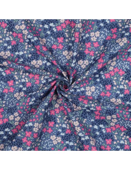 Tecido de algodão repelente à água com pequenas flores - Fundo azul jeans