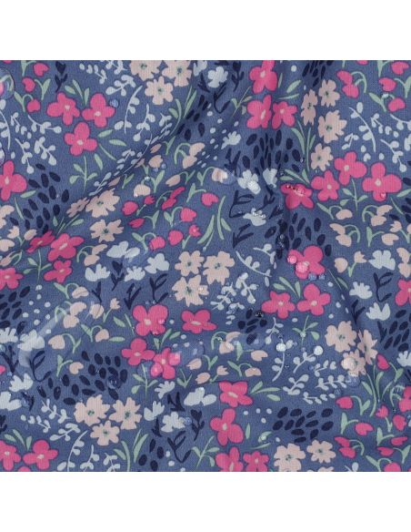 Tecido de algodão repelente à água com pequenas flores - Fundo azul jeans