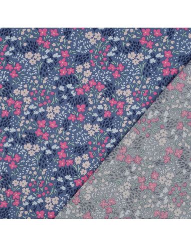 Tecido de algodão repelente à água com pequenas flores - Fundo azul jeans