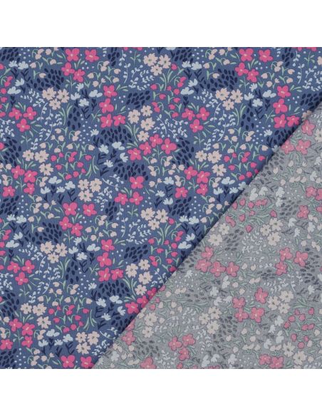 Tecido de algodão repelente à água com pequenas flores - Fundo azul jeans