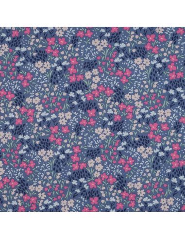 Tecido de algodão repelente à água com pequenas flores - Fundo azul jeans