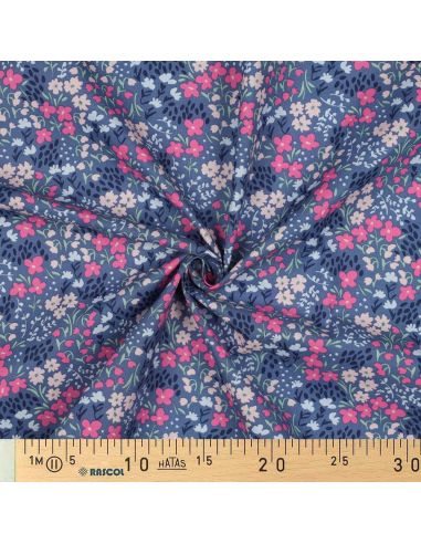 Tecido de algodão repelente à água com pequenas flores - Fundo azul jeans