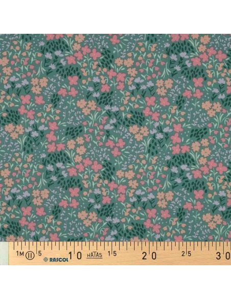 Tecido de algodão repelente à água com pequenas flores - Fundo verde
