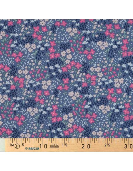 Tecido de algodão repelente à água com pequenas flores - Fundo azul jeans