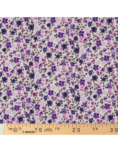 Tecido jersey Anna - Flores violetas em fundo branco sujo
