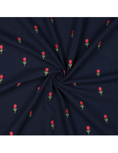 Tecido gaze dupla bordado tulipas - Azul-marinho