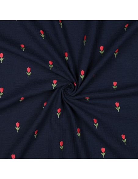 Tecido gaze dupla bordado tulipas - Azul-marinho