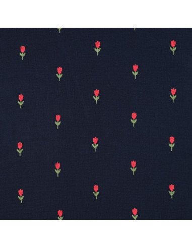 Tecido gaze dupla bordado tulipas - Azul-marinho