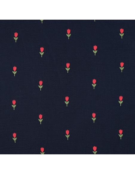 Tecido gaze dupla bordado tulipas - Azul-marinho