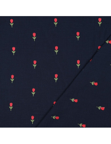 Tecido gaze dupla bordado tulipas - Azul-marinho