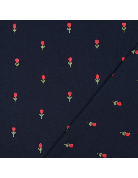 Tecido gaze dupla bordado tulipas - Azul-marinho