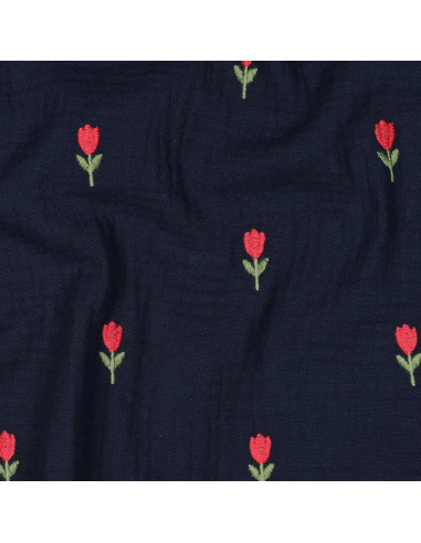 Tecido gaze dupla bordado tulipas - Azul-marinho