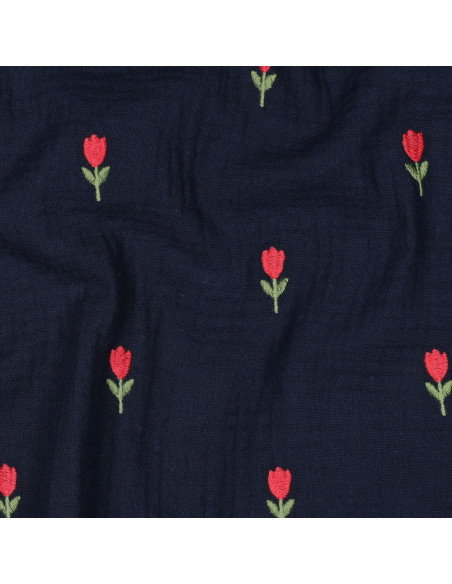 Tecido gaze dupla bordado tulipas - Azul-marinho