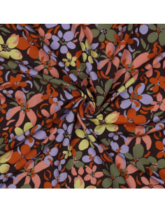 Tecido viscose flores vibrantes - Castanho escuro