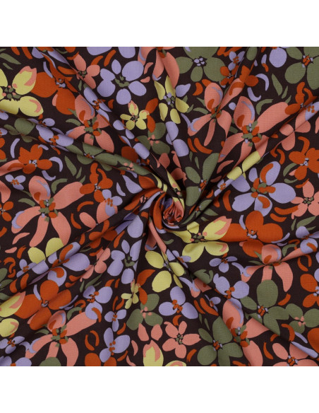 Tecido viscose flores vibrantes - Castanho escuro