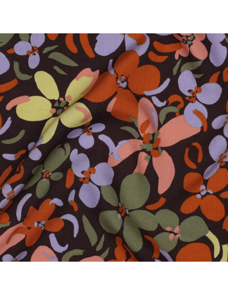 Tecido viscose flores vibrantes - Castanho escuro