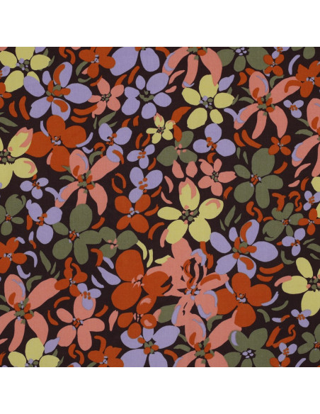Tecido viscose flores vibrantes - Castanho escuro