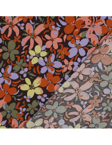Tecido viscose flores vibrantes - Castanho escuro