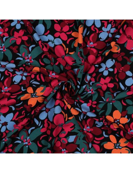 Tecido viscose flores vibrantes - Preto