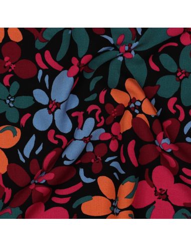 Tecido viscose flores vibrantes - Preto