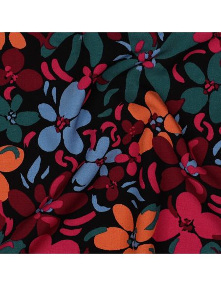 Tecido viscose flores vibrantes - Preto