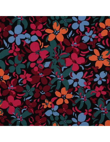 Tecido viscose flores vibrantes - Preto