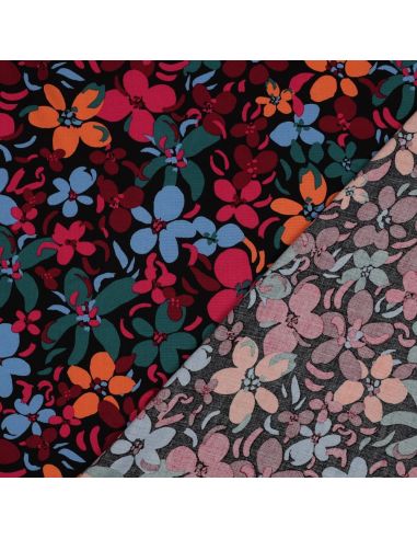 Tecido viscose flores vibrantes - Preto
