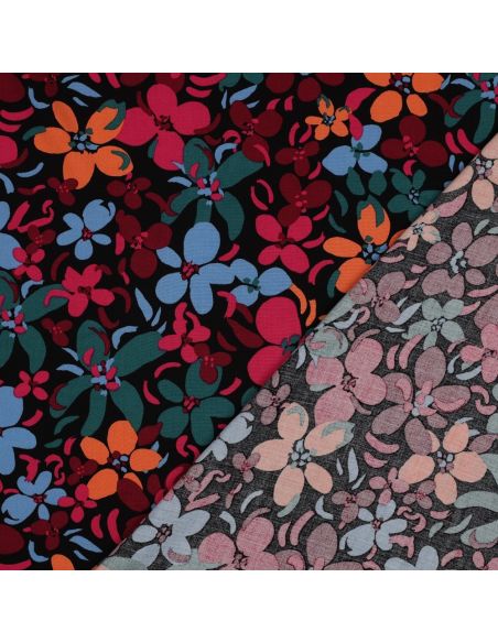 Tecido viscose flores vibrantes - Preto